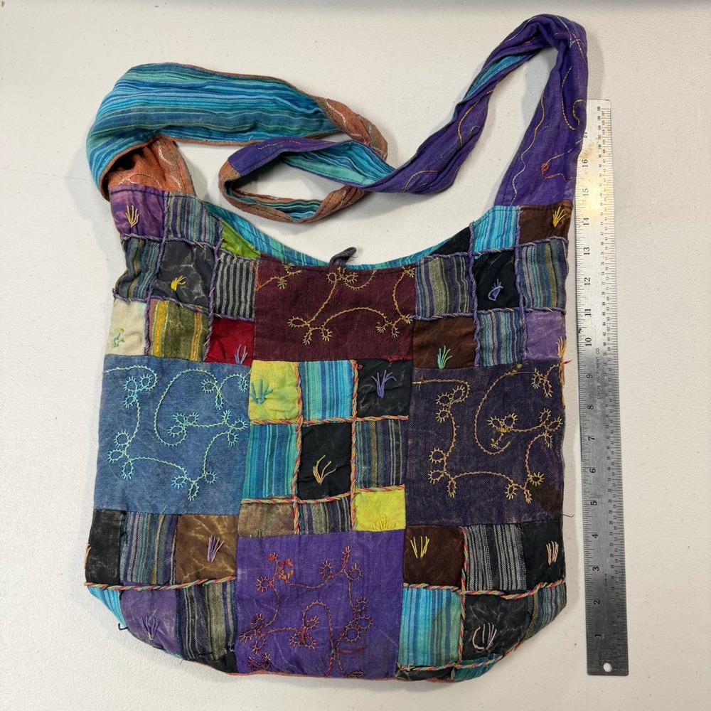 Handmade Nepal Cotton Patchwork Crossbody Bag Boho Embroidered‎ Multi-Color Zip